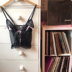Vintage Y2k Frederick's Of Hollywood Corset Ribbon Bow Black Pink Sexy Cami Tank